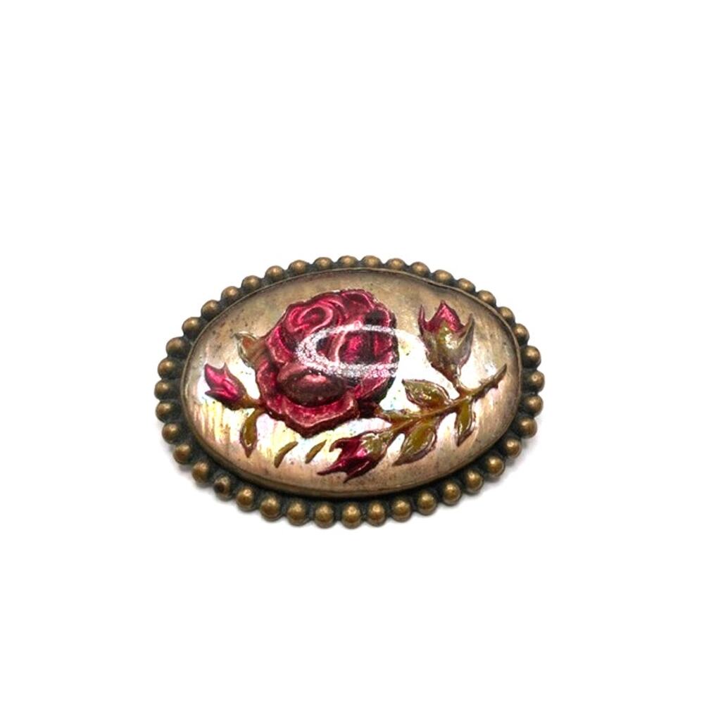 Antique Edwardian Goofus Glass Reverse Carved Rose Brooch Floral Pin